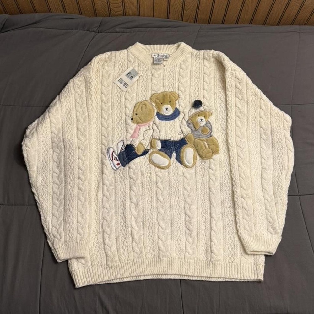 Together Cream Cable Knit Sweater with Bear Design